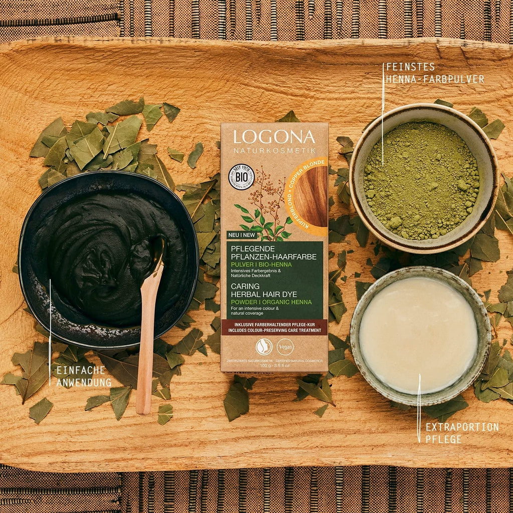 LOGONA Natural Cosmetics Vopsea de păr hrănitoare pe bază de plante, vopsea de păr vegană pudră cu henna organică pentru culoare intensă și strălucire, vopsea de păr pe bază de plante în blond cupru (blond), 1 x 100g Vopsea pentru par Naty Shop