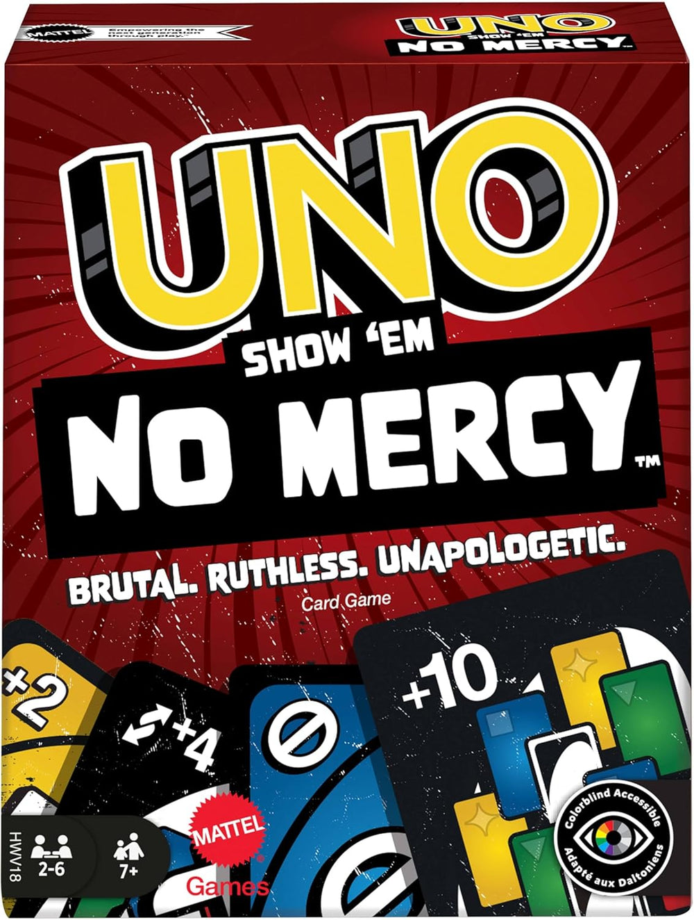 Mattel UNO Show 'em No Mercy - 56 de cărți suplimentare, cărți de acțiune dificile și reguli de joc brutale pentru cea mai nemiloasă versiune, regulă de stivă și schimb de cărți de mână, vârste 7+, HWV18