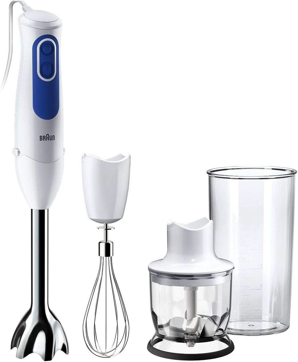 Braun Multiquick 3 MQ 3000 Smoothie+ Stabmixer – Pürierstab mit 2 Geschwindigkeiten, Powerbell plus und Splashcontrol-Technologie, 700 Watt, Inkl. 600 ml Mix- & Messbecher, Blau/Weiß Kitchen Naty Shop Mq3025 Omelette