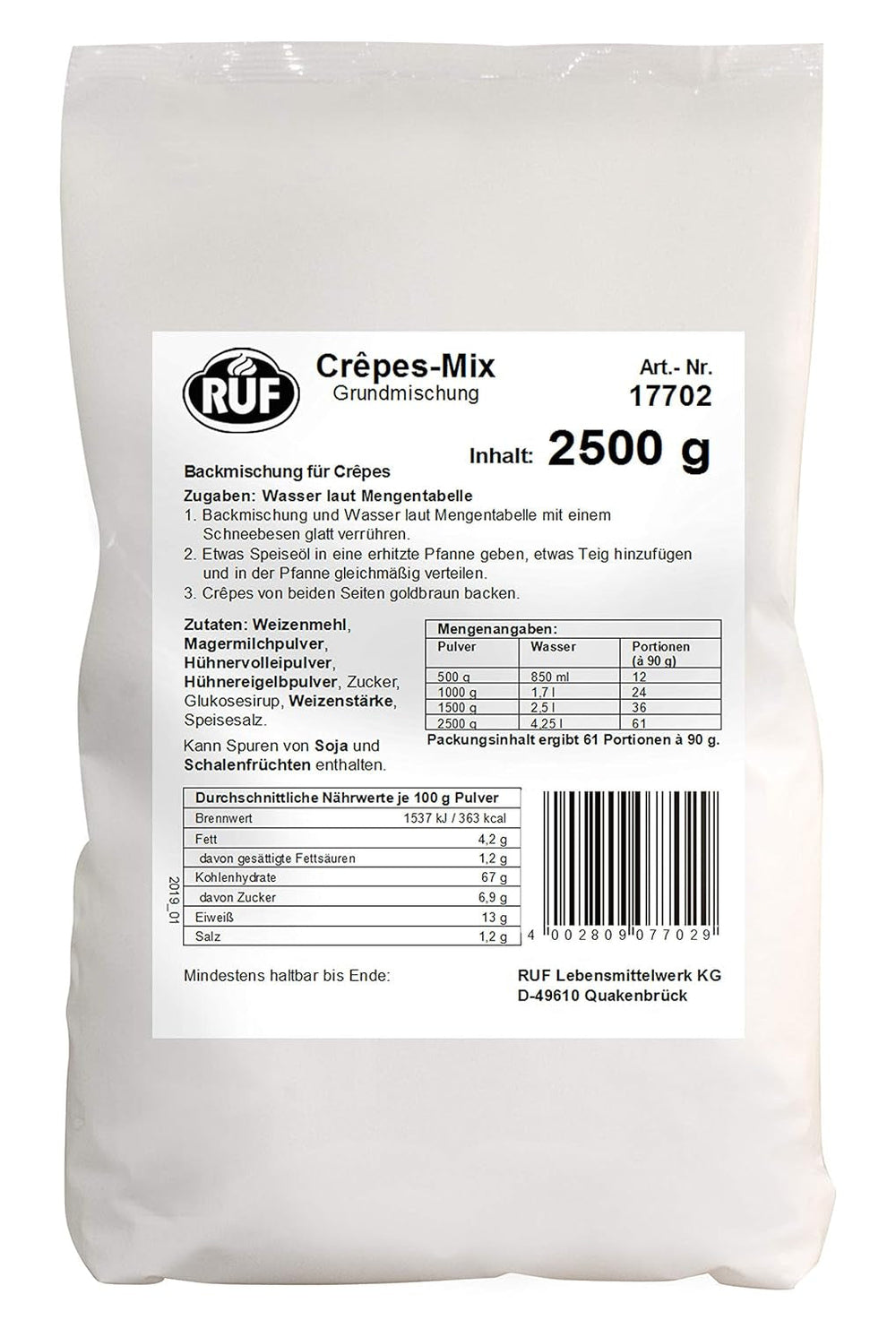 RUF Waffel-Mix, Großpackung, Grundmischung Zur Herstellung Von Waffeln Im Waffeleisen, Für Großküchen, Kantinen, Hotels Und Restaurants, 1 X 2500G Mix zum Backen und Kochen Naty Shop Crêpesteig Single