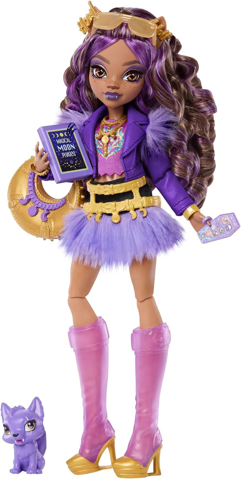 Monster High-Puppe, Draculaura mit rosa Kleid mit Schleifen und schwarzer Strickjacke, mit Fledermaus Count Fabulous und 7 Zubehörteilen wie Ramen, Lippenstift und Tasche, JHK29