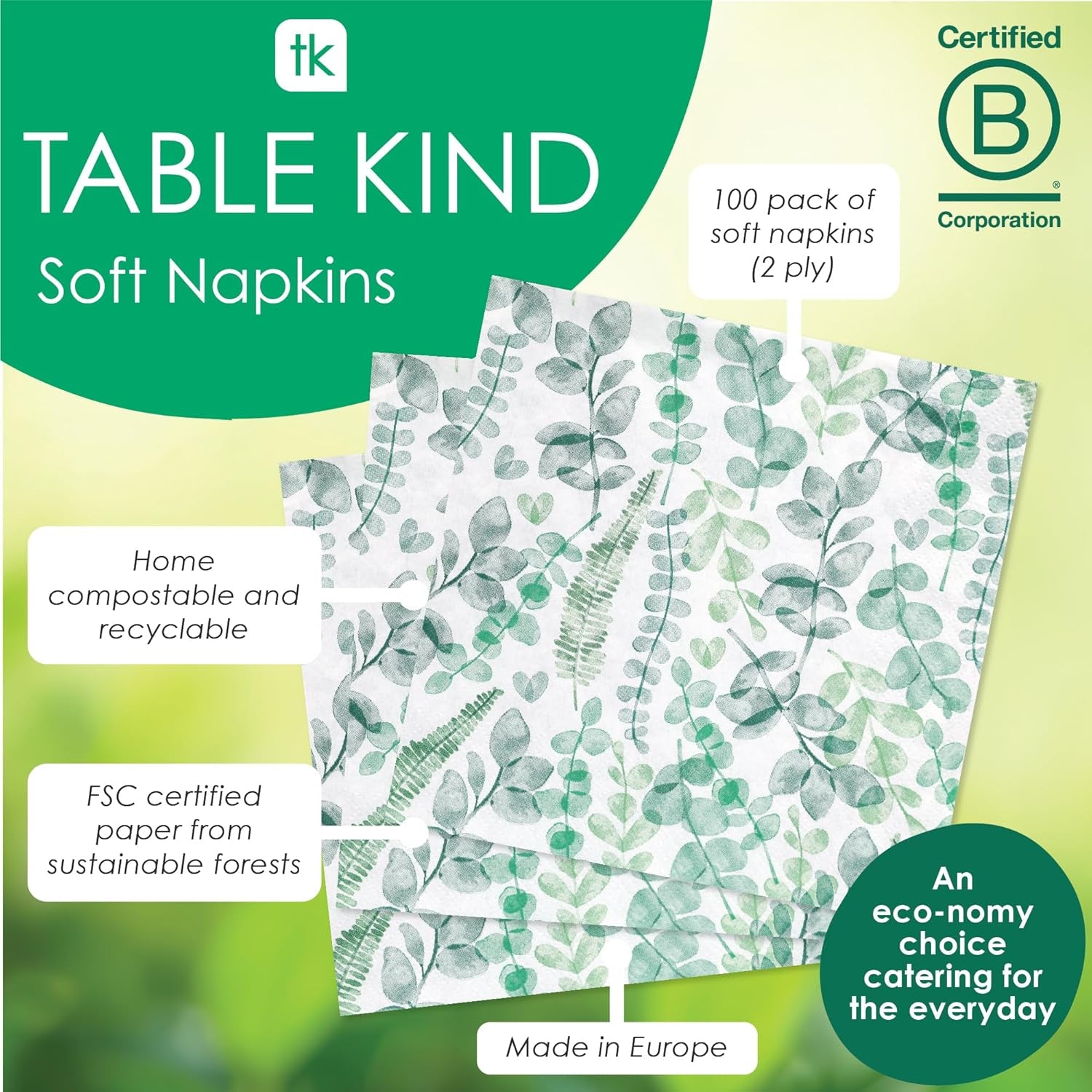 Șervețele de unică folosință Talking Tables Table Kind, șervețele din hârtie moale, frunze verzi, pentru nunți sau uz zilnic, ecologice, compostabile, reciclabile, produse în UE, 2