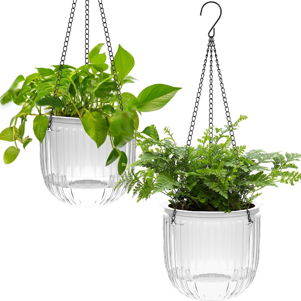 Set de 2 jardiniere suspendate cu auto-udare, ghivece de flori suspendate de interior de 16,5 cm cu 3 cârlige și găuri de drenaj pentru utilizare în interior și exterior, tavane, balcoane și decorațiuni de perete (gri)