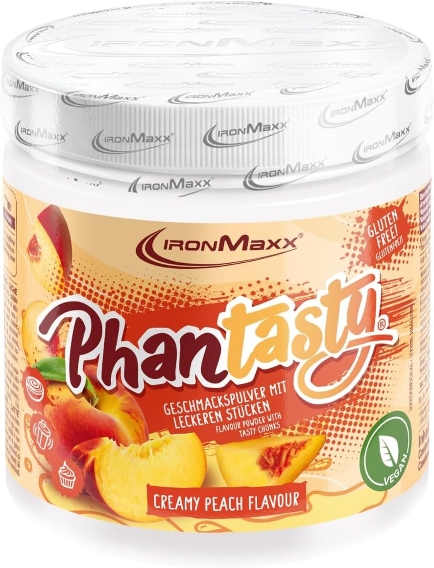 Ironmaxx Phantasty - Cremiger Pfirsich 250G Dosis | Veganes Geschmackspulver mit echten Frucht- oder Nussstückchen | Perfekter Zuckerersatz Süßstoffe Naty Shop 250 G (1Er Pack) Cremiger Pfirsich