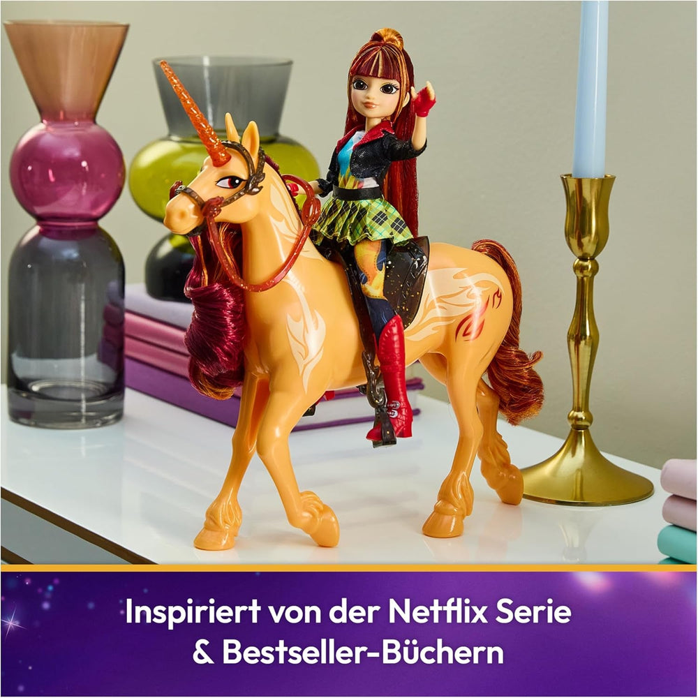 Unicorn Academy Einhorn Cinder - 28 cm groß, Original-Einhorn von Valentina zur Netflix-Serie, mit echter Mähne und Schweif, abnehmbarem Zaumzeug und Sattel sowie Bürste, für Kinder ab 4 Jahren