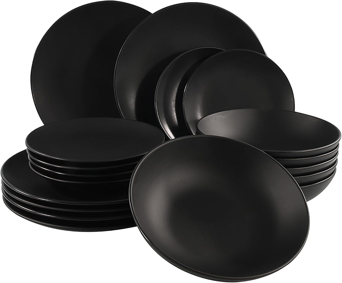 Set de veselă din ceramică fină, negru mat - 18 piese - Set de veselă pentru 6 persoane, inclusiv farfurii pentru tort, farfurii pentru cină, farfurii pentru sumă - Se poate spăla în mașina de spălat vase