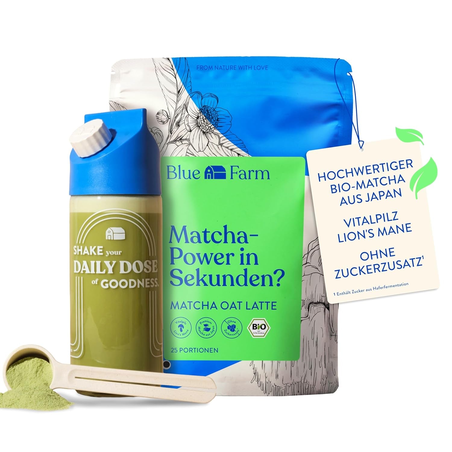 Blue Farm Bio Matcha Oat Latte auf Haferbasis ohne Zuckerzusatz - Mit dem Vitalpilz Lion's Mane - Vegan - laktosefrei & glutenfrei (300 g, Matcha)