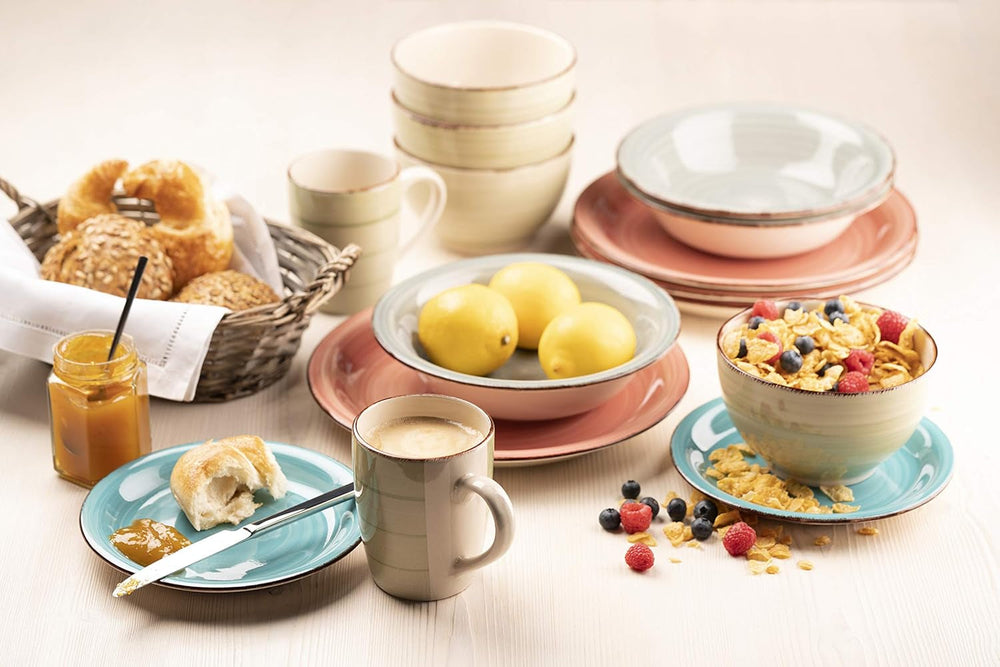 MÄSER Bel Tempo II Teller-Set für 6 Personen im modernen Vintage Look, 12-teiliges Tafelservice, handbemalt, Türkis, Steingut, 27 centimeters