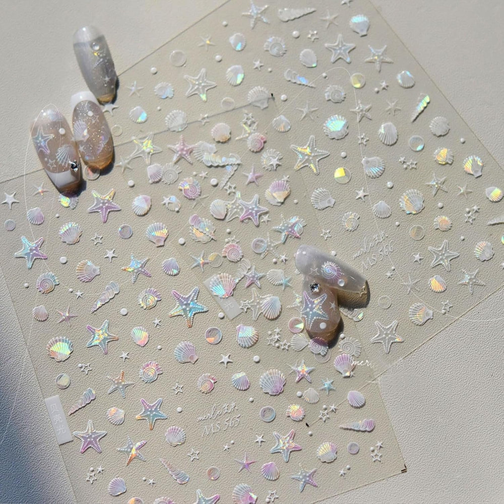 JMEOWIO 3D Nagelsticker Aurora Muschel Seestern Nail Art Sticker Selbstklebend Nagelaufkleber 5D Stereoskopisch Ozean Thema Dekoration Nageldesign Zubehör 1 Blatt