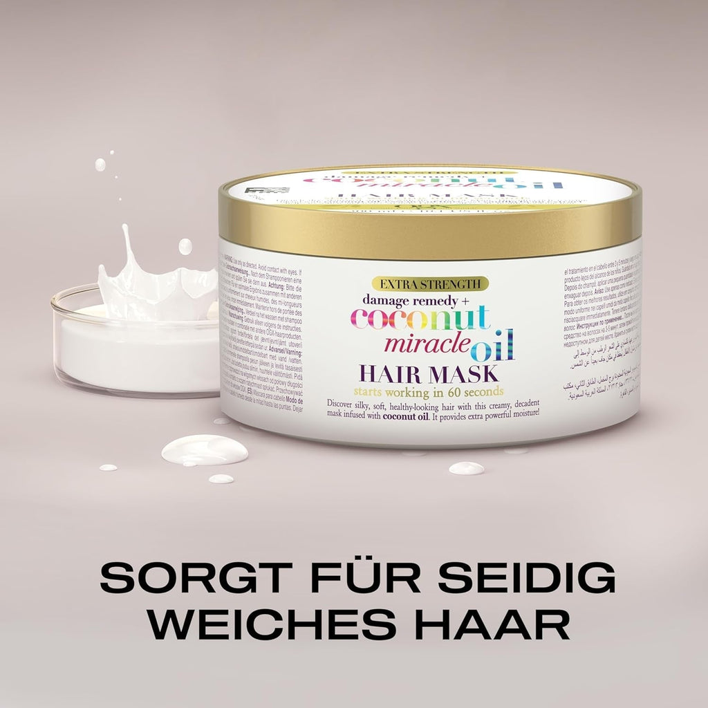 OGX Coconut Miracle Oil Hair Mask, mască de păr hidratantă pentru păr uscat, tratament hrănitor pentru păr cu ulei de nucă de cocos și extract de vanilie, îngrijire anti-frizz pentru îngrijirea optimă a buclelor (300 g) Masca de par Naty Shop