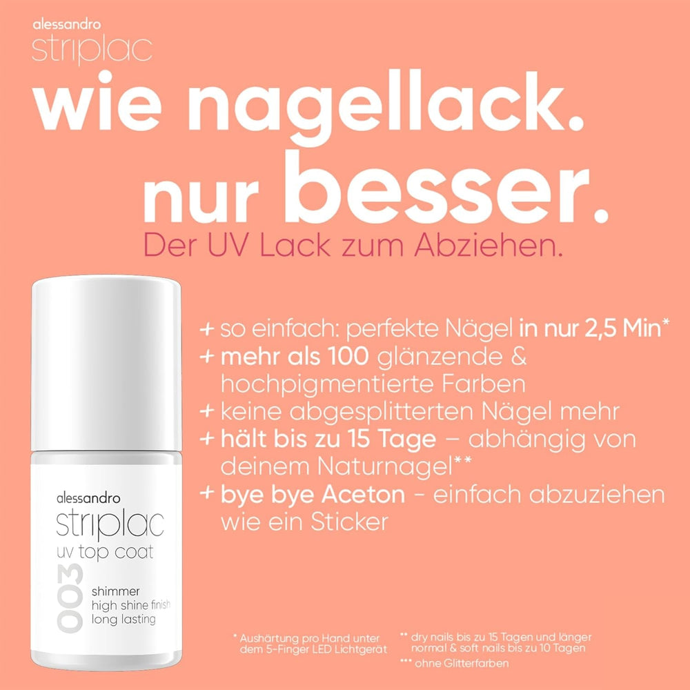 alessandro Striplac UV Top Coat Shimmer - Unghii strălucitoare, rezistente la zgârieturi, până la 15 zile - Poate fi folosit cu sau fără colorant - Tehnologie delicată de îndepărtare - Vegan - Argintiu, Transparent, 6,5 ml