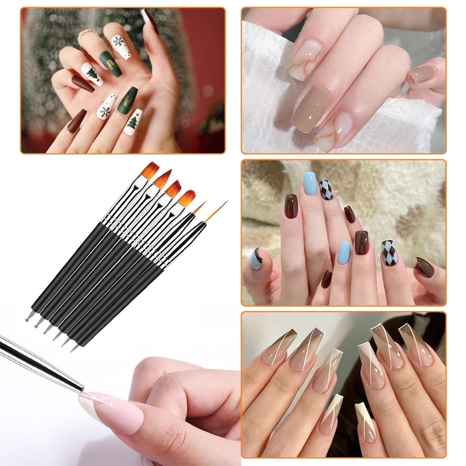 6 Stück Doppel-Ende Nagel Pinsel, Nageldesign Pinsel, Doppel-Ende Nail Art Pinsel Kit Professionelle Maniküre Werkzeuge Kit（Schwarz）