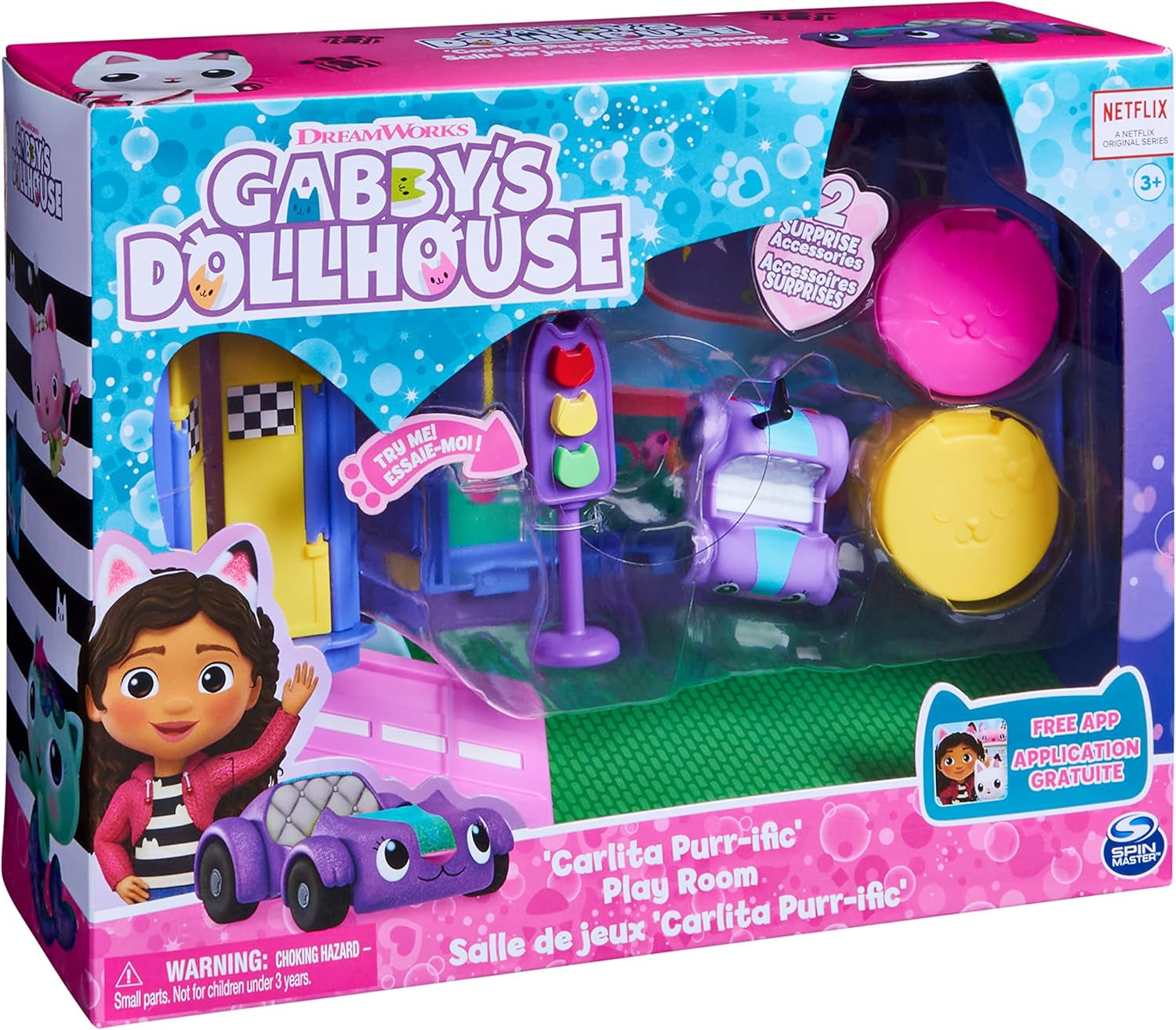 Gabby's Dollhouse Deluxe Room, cameră de joacă Purr-Ific, cameră de joacă cu mașină de jucărie Carlita, 2 piese de mobilier și 2 cutii surpriză cu accesorii, potrivită pentru copii de 3 ani și peste Casute de papusi Naty Shop