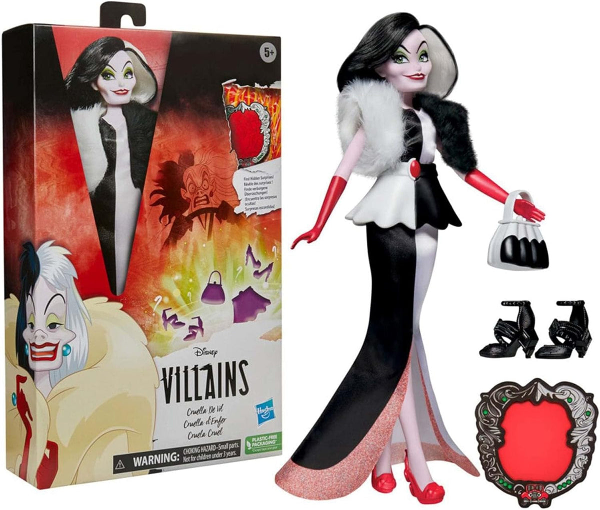 Disney Schurkin Cruella De Vil Modepuppe, Accessoires und abnehmbare Kleidung, Disney Prinzessin Spielzeug für Kinder ab 5 Jahren