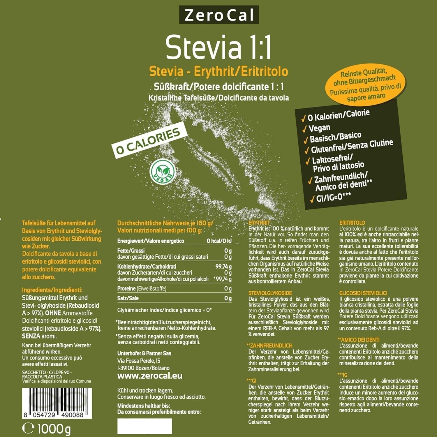 Stevia 1:1 (Erythrit - Stevia) - Natürlicher Zuckerersatzstoff, 1000 G Süßstoffe Naty Shop