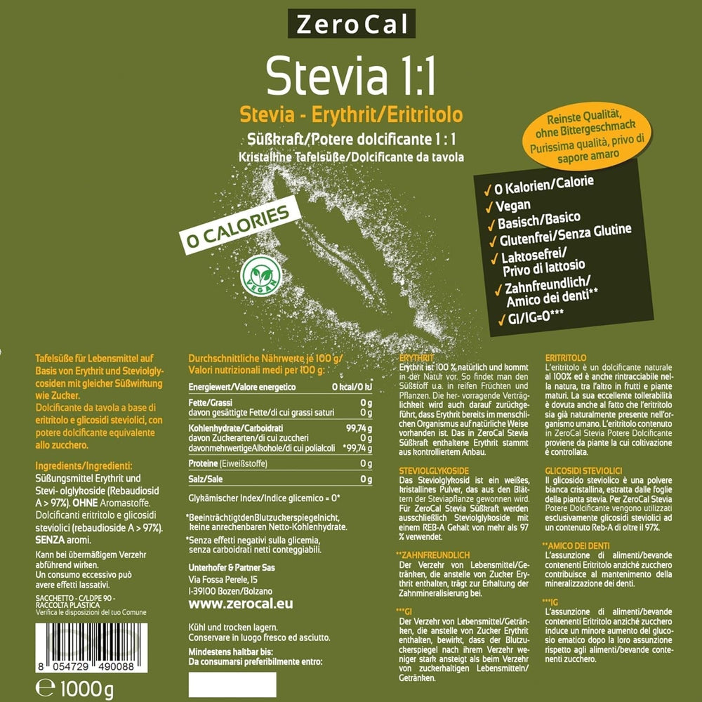 Stevia 1:1 (Erythrit - Stevia) - Natürlicher Zuckerersatzstoff, 1000 G Süßstoffe Naty Shop