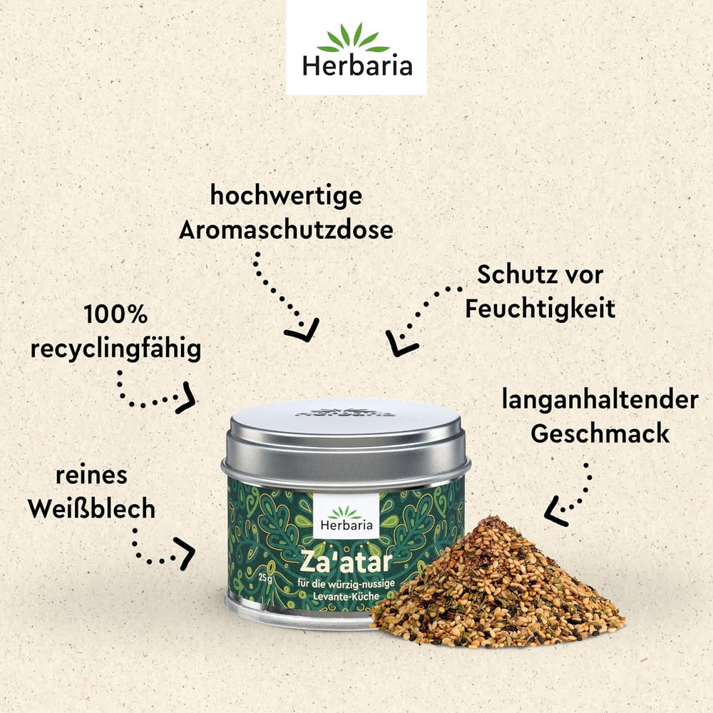 Herbaria Za'atar bio 25g S-Dose – Zatar Gewürz, Zaatar Gewürz - orientalische Bio-Gewürzmischung für Gerichte der Levante Küche - mit erlesenen Zutaten - in nachhaltiger Aromaschutz-Dose