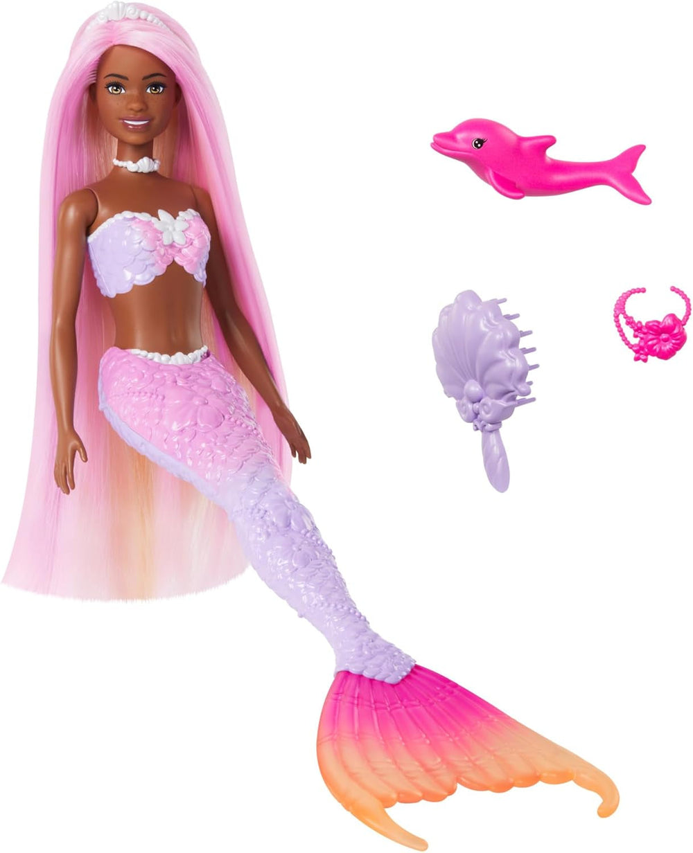 BARBIE Meerjungfrau-Puppe - Inspiriert von der Fernsehserie "Barbie Ein verborgener Zauber", mit Farbwechseleffekt und Zubehör, 19 cm lange pinke Haare zum Stylen, für Kinder ab 3 Jahren, HRP97