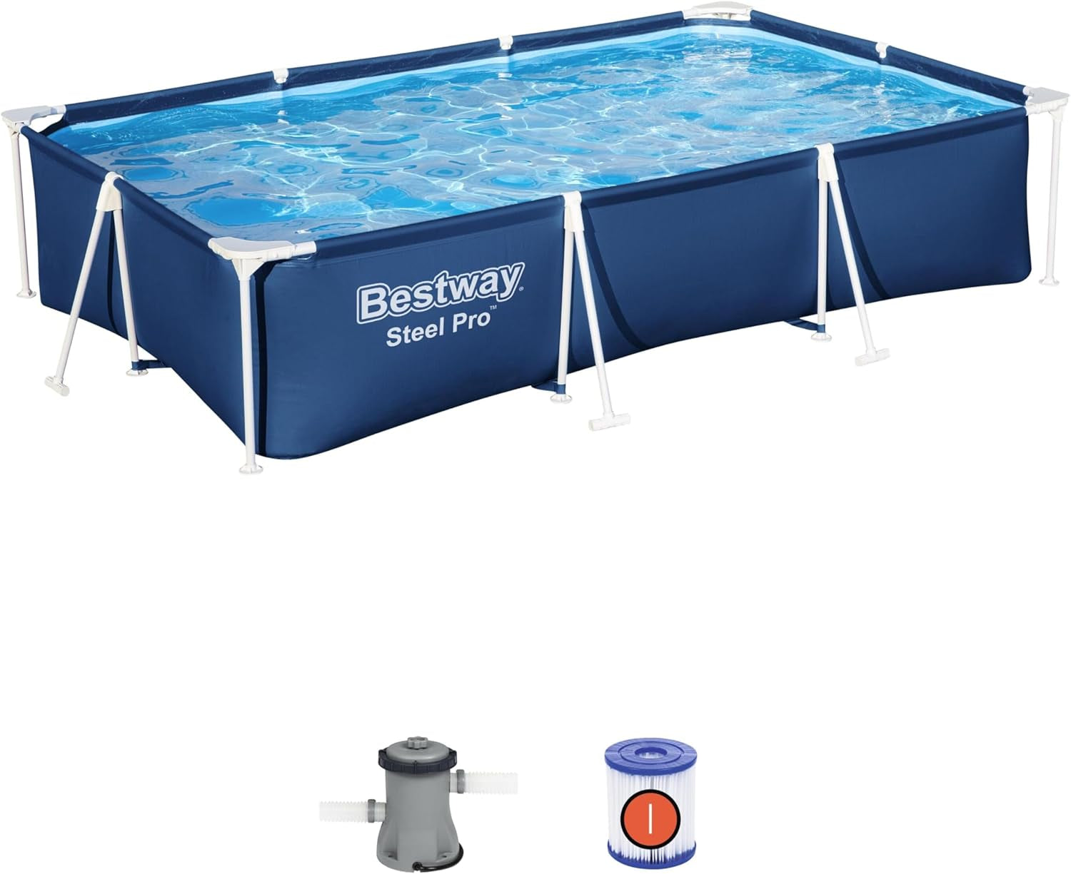 Set piscină Bestway Steel Pro, dreptunghiulară, 3,00 m x 2,01 m x 66 cm, albastră