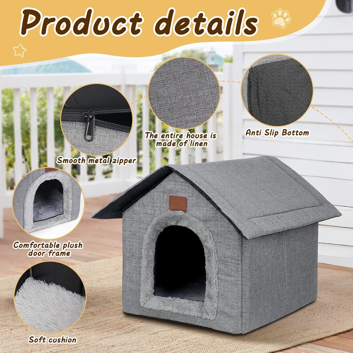 Katzenhaus Outdoor Winterfest, Katzenhöhle, Hundehöhle mit Abnehmbarem Plüschkissen, Wasserdicht Wetterfester, Hundehütte Indoor, Hundehaus für Drinnen/Indoor 35x30x35cm (Grau, S)