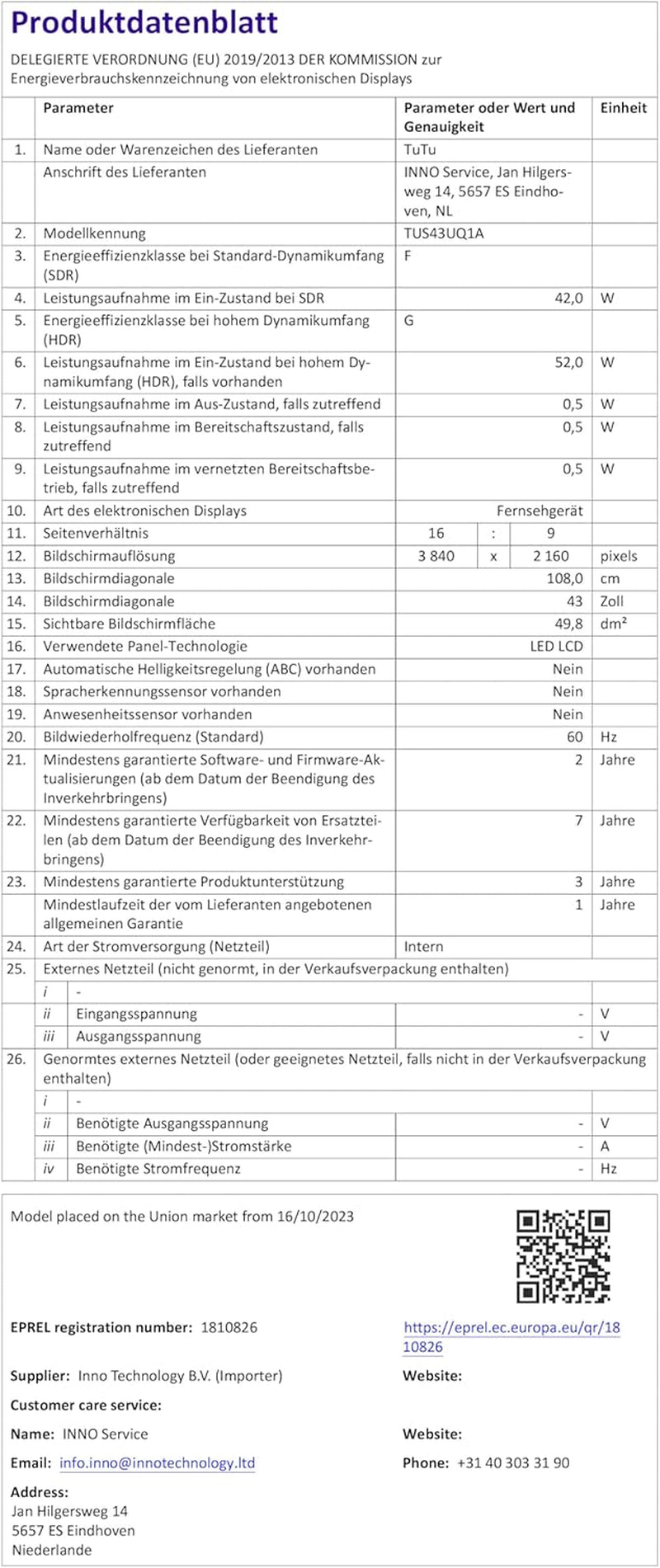 TuTu TUS43UQ1A Smart TV 43 inch (108 cm) 4K UHD LED TV Android TV cu WLAN, HDR, triplu tuner DVB-C/S/S2/T/T2, Bluetooth, Prime Video, Netflix, YouTube, DAZN, Disney+