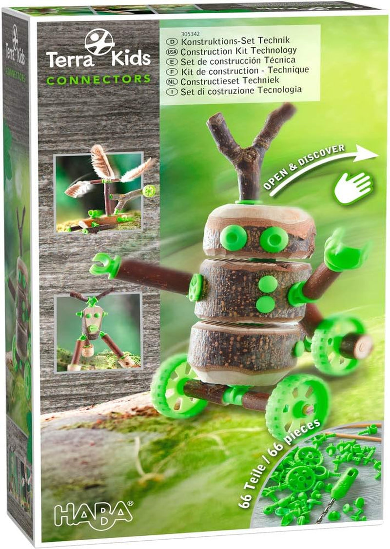 HABA Terra Kids Connectors – Starter-Konstruktionsset für Kinder - Holz-Bastelset mit Kunststoff-Verbinder und Handbohrer – Natur-Baukasten für kreatives Bauen von Figuren