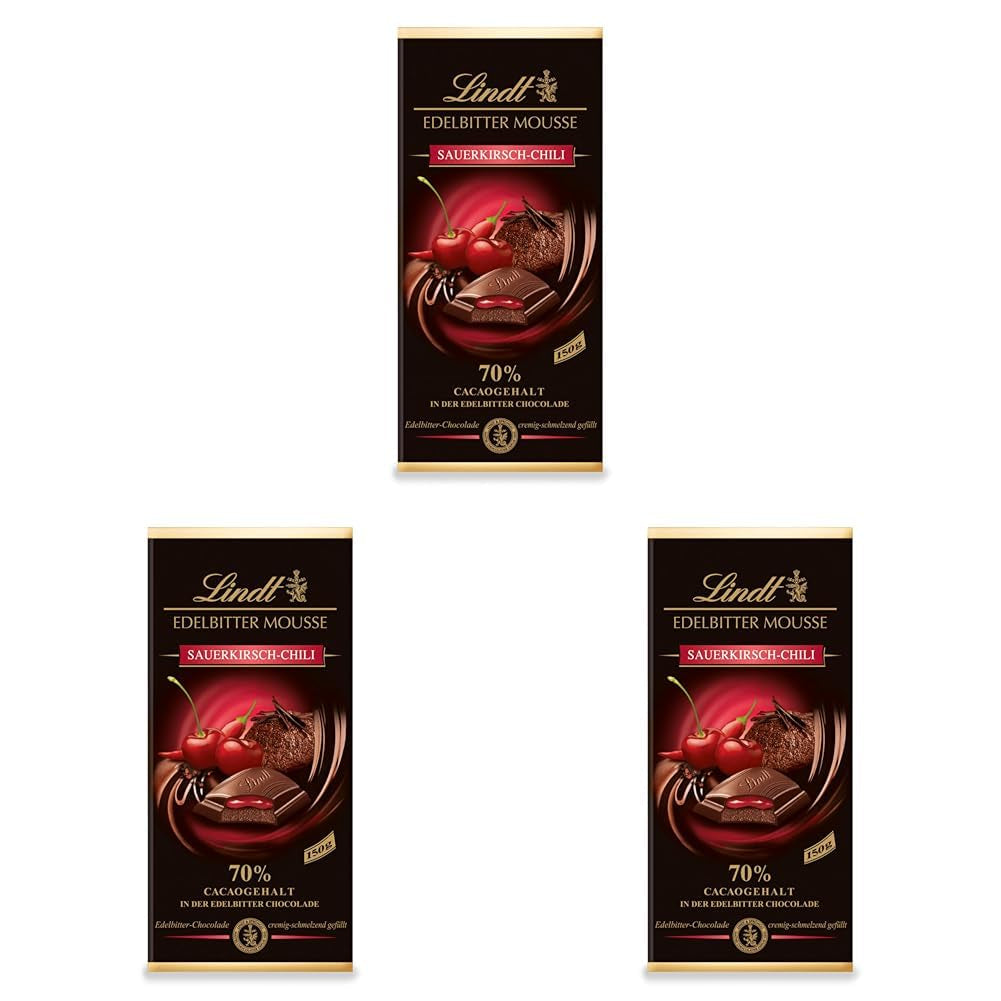 Mousse de ciocolată neagră Lindt cu chili și vișine | Baton 150g | Cu 70% conținut de cacao și umplutură de mousse de ciocolată neagră și chili cu vișine | Baton de ciocolată | Ciocolată neagră