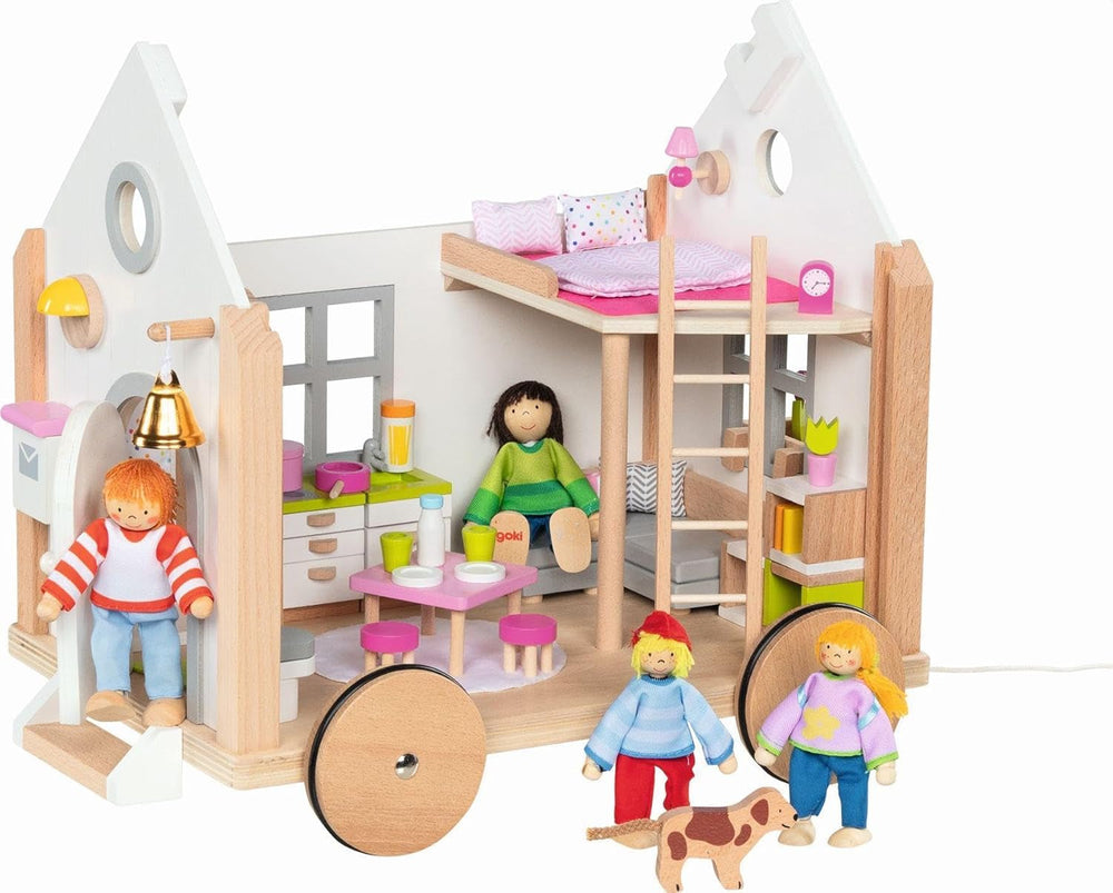 Goki 51477 - Casă mică Hygge din lemn și textile pentru păpuși mini, casă de păpuși mobilă în stil scandinav, 38Cm X 27Cm X 33Cm, set de 40, de la 3 ani Casute de papusi Naty Shop