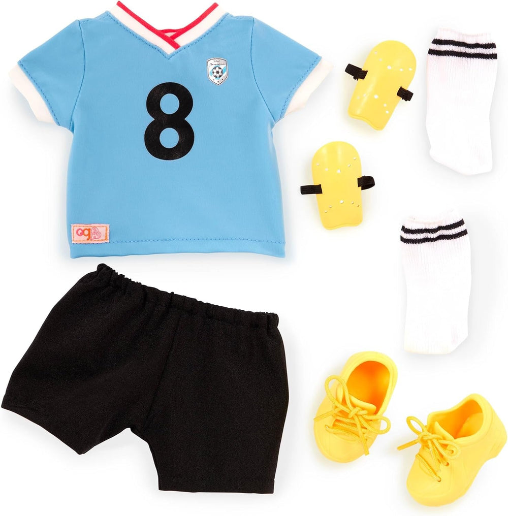 Our Generation - Mateo - Bewegliche 46 cm Junge Puppe - Lebensechte braune Augen & Zickzack-Haarschnitt-Liniendesign - Fußballtrikots & Zubehör - Spielzeug für Kinder ab 3 Jahren