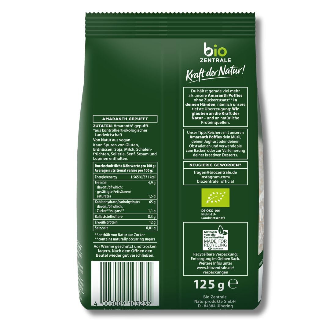 Pufuri cu amarant biozentrale | 125 g | vegan | boabe mici de amarant expandate | sursă de proteine | pentru muesli, iaurt și boluri colorate pentru micul dejun