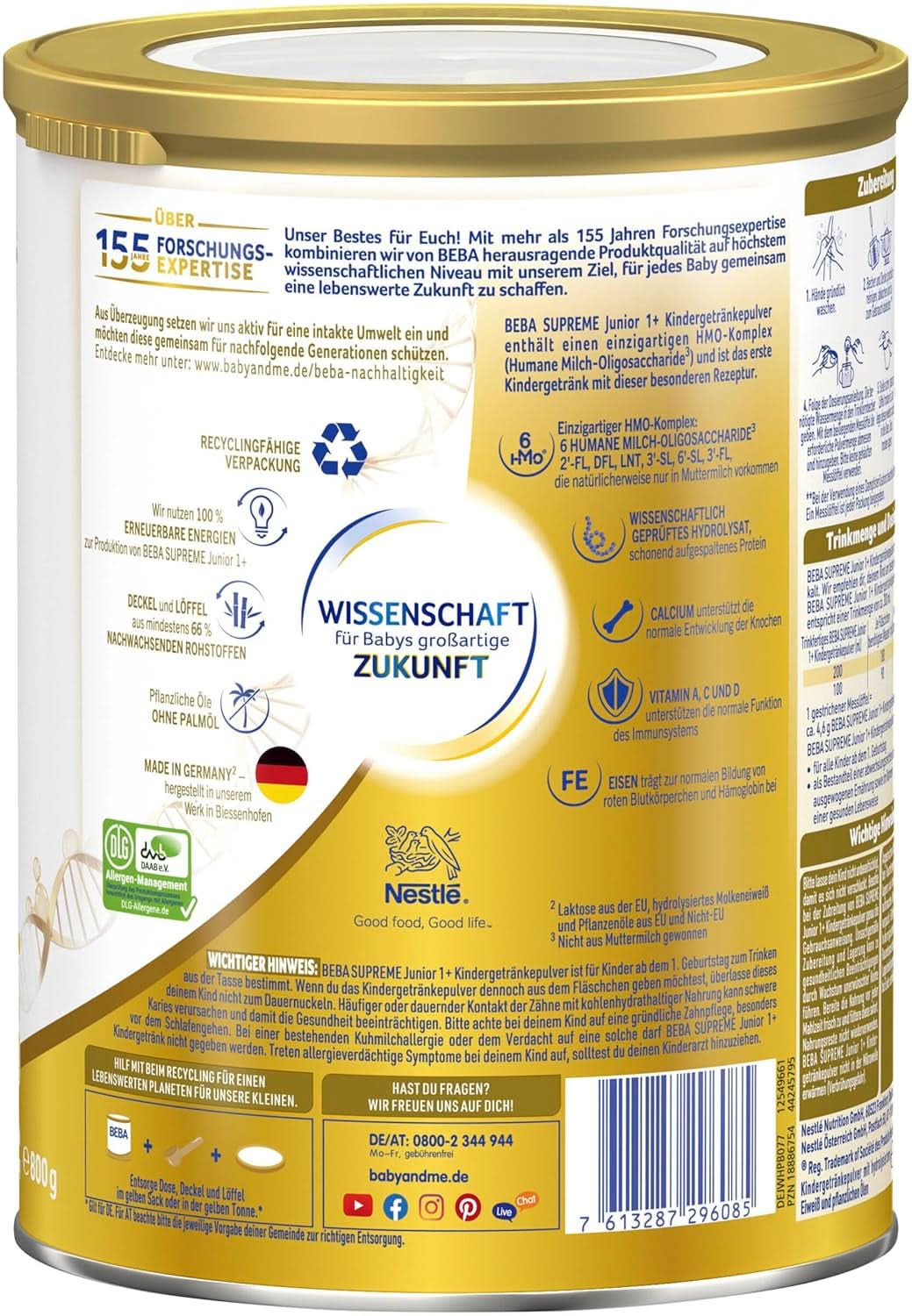 Kindergetränk BEBA SUPREME Junior 1+ ab 1 Jahr, Nahrung für Kinder mit 6 HMO-Komplex, nur Laktose, ohne Palmöl, Packung 6 (6 x 800 g) Mutter und Kind Naty Shop