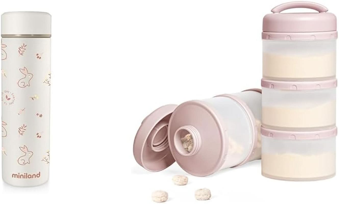 Miniland NATUR THERMOS BUNNY - Thermoskanne, 450 ml für Babynahrung, mehrfarbig Zubehör Essen und Stillen Bebe Naty Shop Paket mit Milchpulver Orange Natur Thermos Bunny