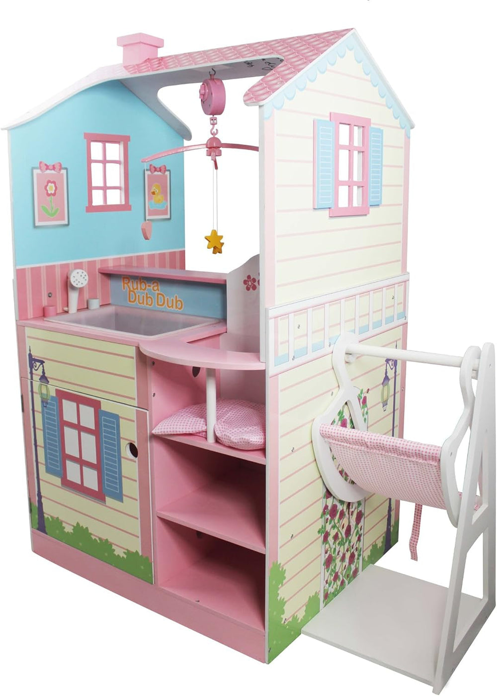 Olivia's Little World 2-in-1-Puppenhaus und Wickelstation, Holzpuppen-Spielset mit Hochstuhl TD-11460A Naty Shop Dollhouses Td-11460A