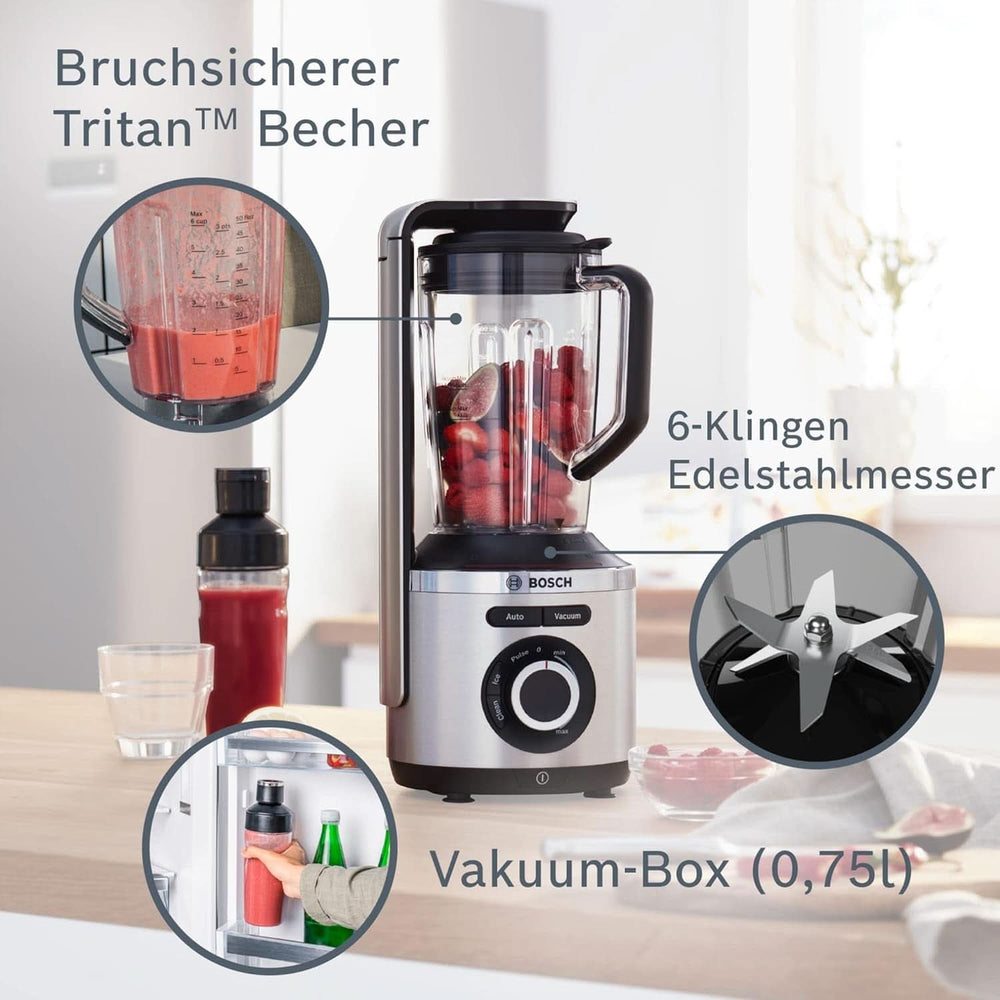 Bosch Vakuum-Standmixer Vitapower Serie 8 MMBV621M, Starke Mixleistung, Vitaminschonende Zubereitung, 4 Automatikprogramme, Vakuum-Togo Flasche, 37.000 U/Min, 1000 W, Silber Mutter und Kind Naty Shop