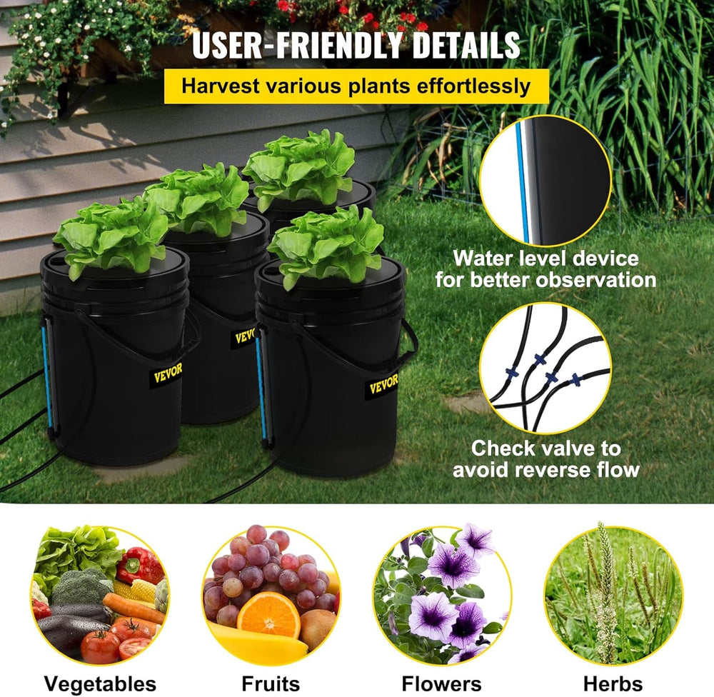Sistem de creștere hidroponică VEVOR DWC, Sisteme de creștere hidroponică, Cultivare în apă adâncă 4 găleți de 20 de litri, Sistem DWC cu pompă de aer, pietre de aer și indicator al nivelului apei pentru legume cu frunze