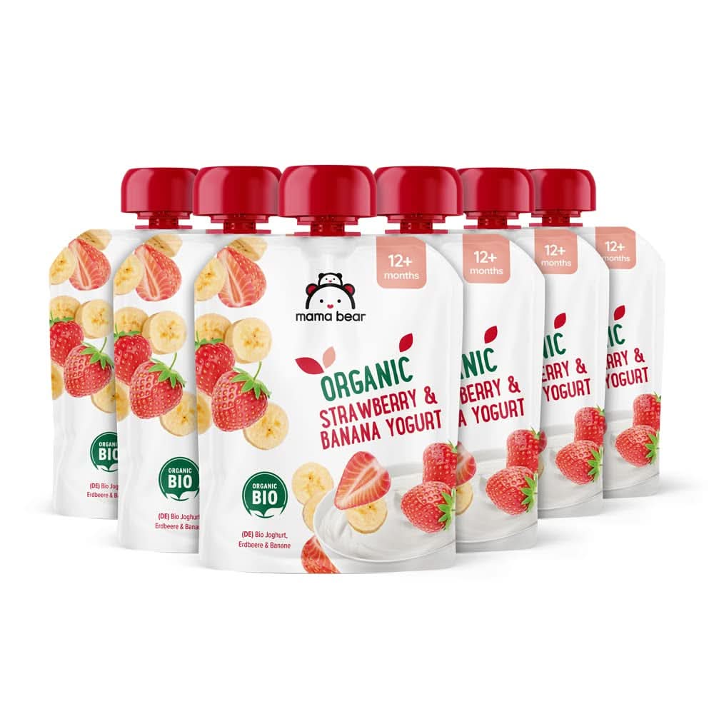 Mama Bear Bio-Joghurt, Erdbeeren, Bananen und Joghurt, vegetarisch, 90 Gramm (6er-Pack) Mother and Baby Naty Shop Erdbeeren, Bananen und Joghurt