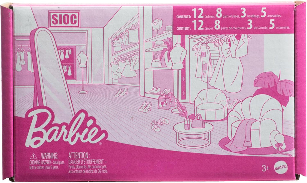 Barbie Fashions And Accessories - Set de modă colorat cu peste 65 de ținute unice, 13 articole de îmbrăcăminte, 8 accesorii și 8 perechi de pantofi, pentru ore întregi de distracție în styling, universal, HRG56 Papusi Naty Shop