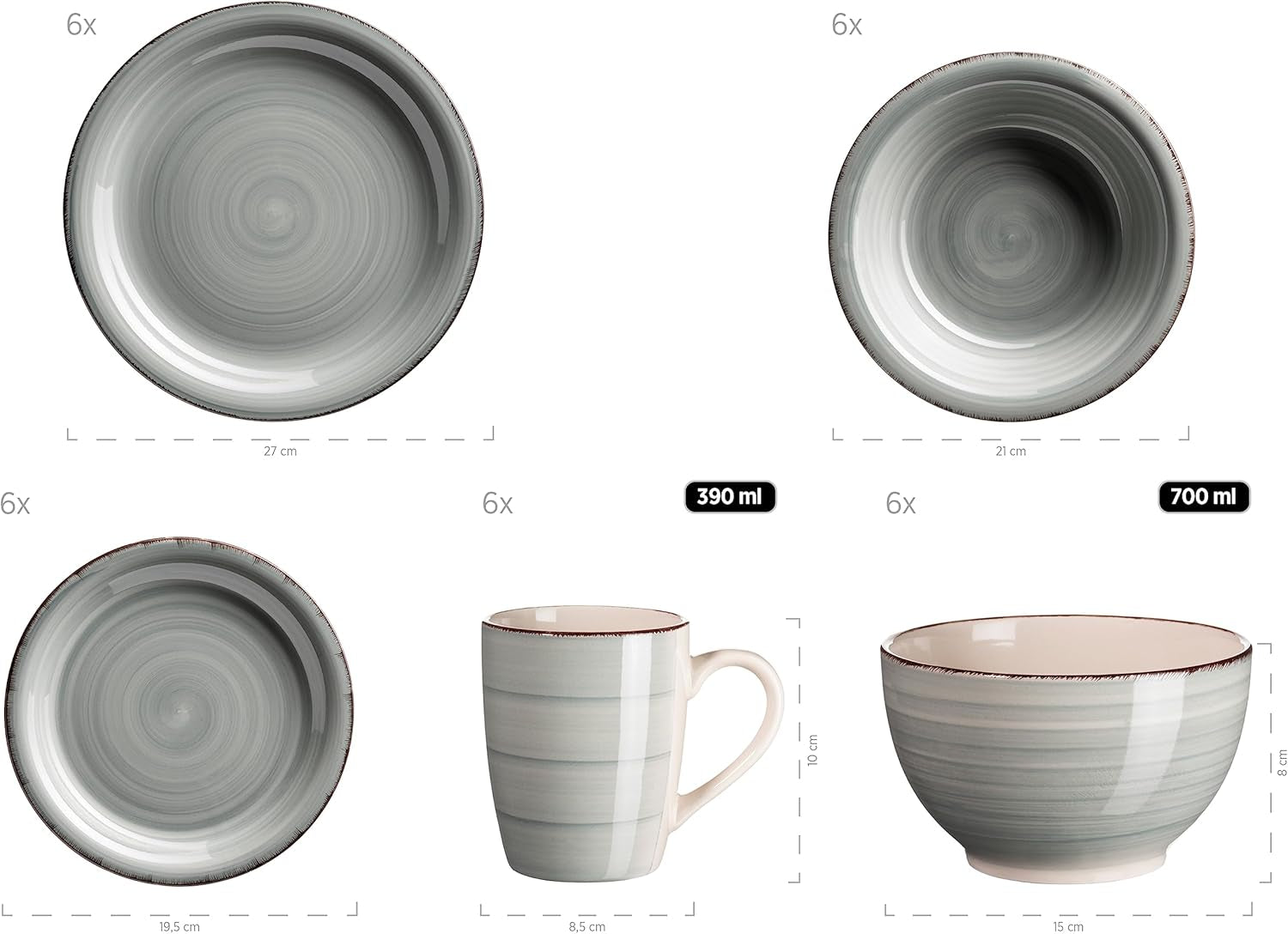 MÄSER 931612 Bel Tempo II 30-Teiliges Vintage Geschirr Set Für 6 Personen, Handbemaltes Keramik Kombiservice in Blau, Steingut, Rauchblau Tableware Sets Naty Shop