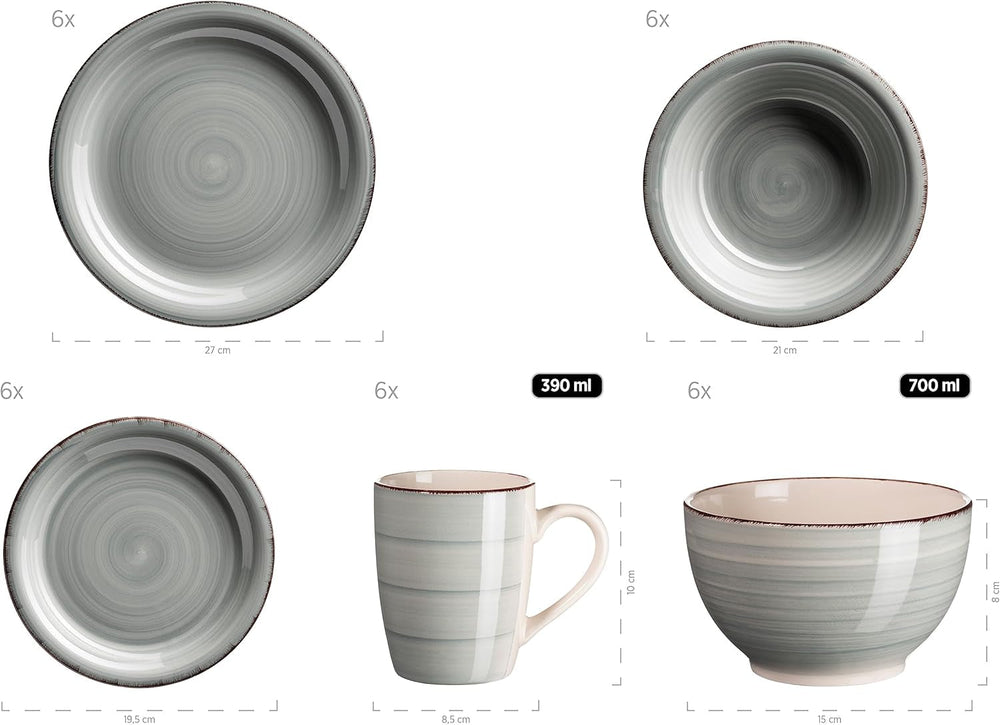 MÄSER 931612 Bel Tempo II 30-Teiliges Vintage Geschirr Set Für 6 Personen, Handbemaltes Keramik Kombiservice in Blau, Steingut, Rauchblau Tableware Sets Naty Shop