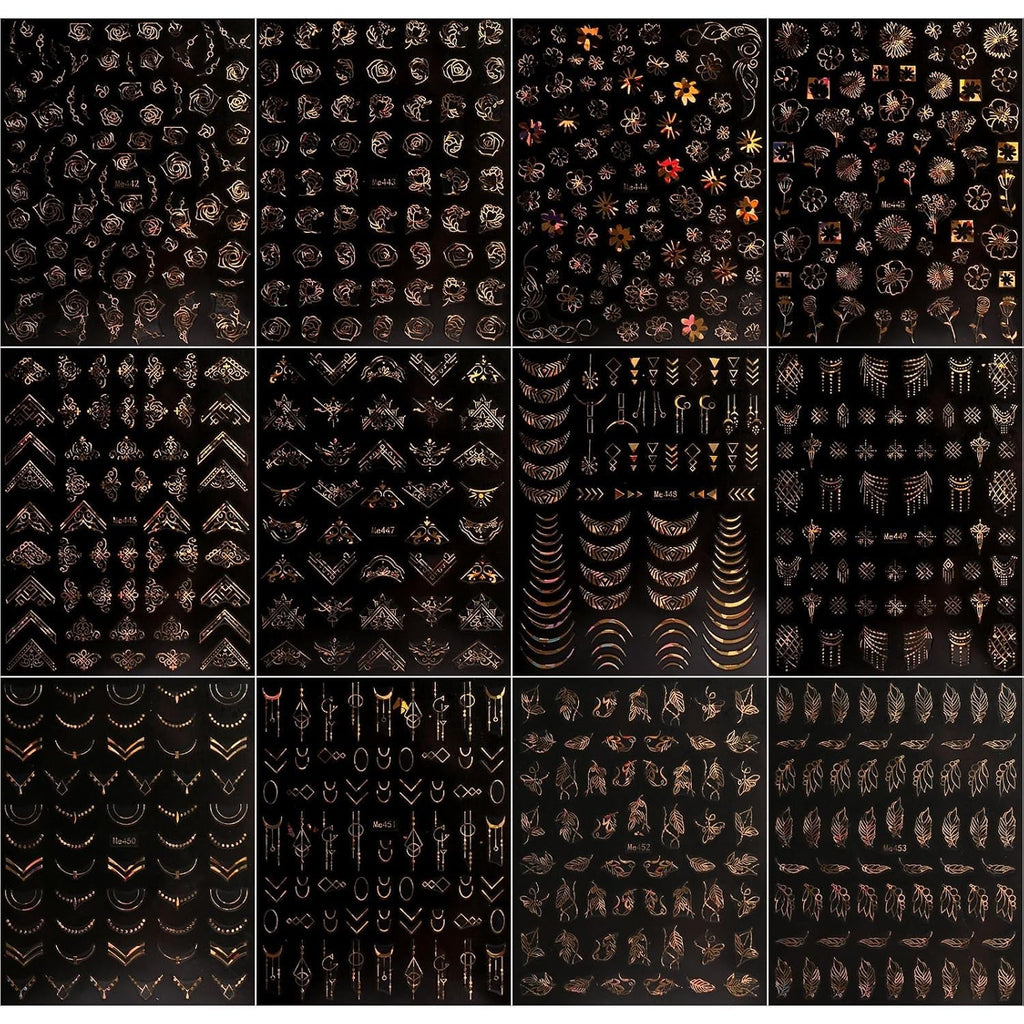 JMEOWIO Nagelsticker Frühling Blume 12 Blatt Nail Art Sticker Selbstklebend Nagelaufkleber Sommer Blumen Gold Dekoration Nageldesign Zubehör