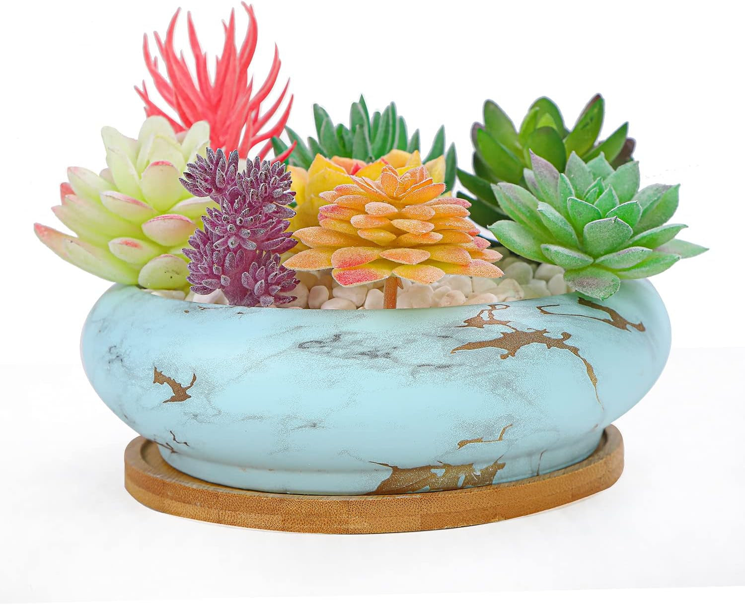 Ghivece mari pentru plante suculente cu farfurioare din bambus, jardiniere ceramice pentru cactus de 18,5 cm, ghivece rotunde pentru flori, recipiente pentru bonsai pentru grădină, birou, decorare birou