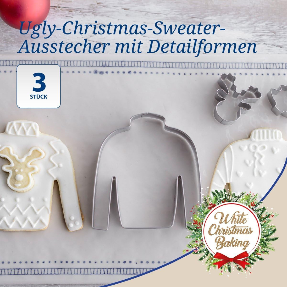 Set de 3 forme de biscuiți Dr. Oetker, model pulover urât de Crăciun – Forme de biscuiți, alb, Crăciun, copt – Forme de biscuiți din oțel inoxidabil pentru Crăciun