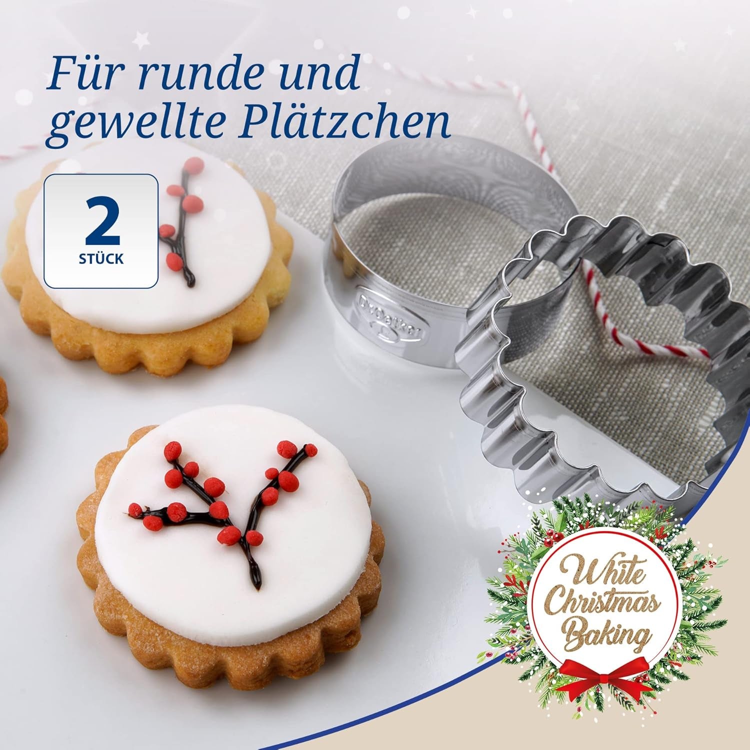Dr. Oetker Forme de biscuiți rotunde și ondulate, set de 2 piese – Forme de biscuiți, model alb de Crăciun – Forme de biscuiți din oțel inoxidabil pentru Crăciun