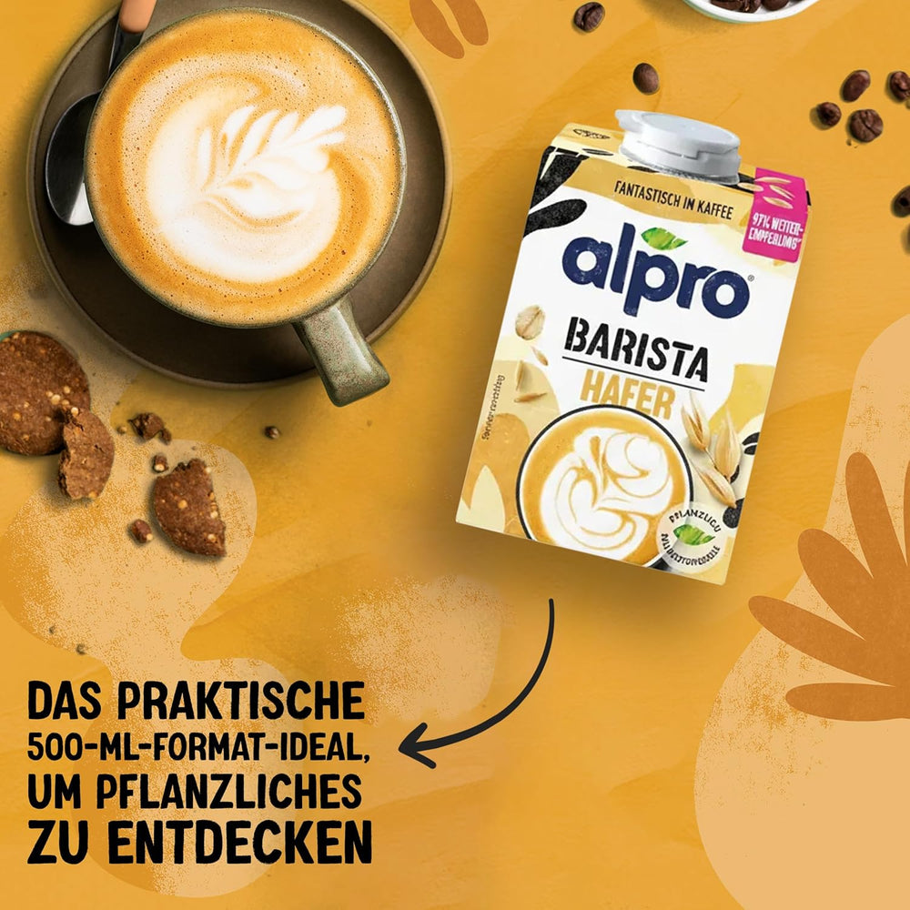 Alpro Barista Haferdrink – Zum Aufschäumen – Vegan und milchfrei – Von Natur aus laktosefrei – Reich an Ballaststoffen, Kalzium und Vitaminen – 8 x 1 L – Haltbar