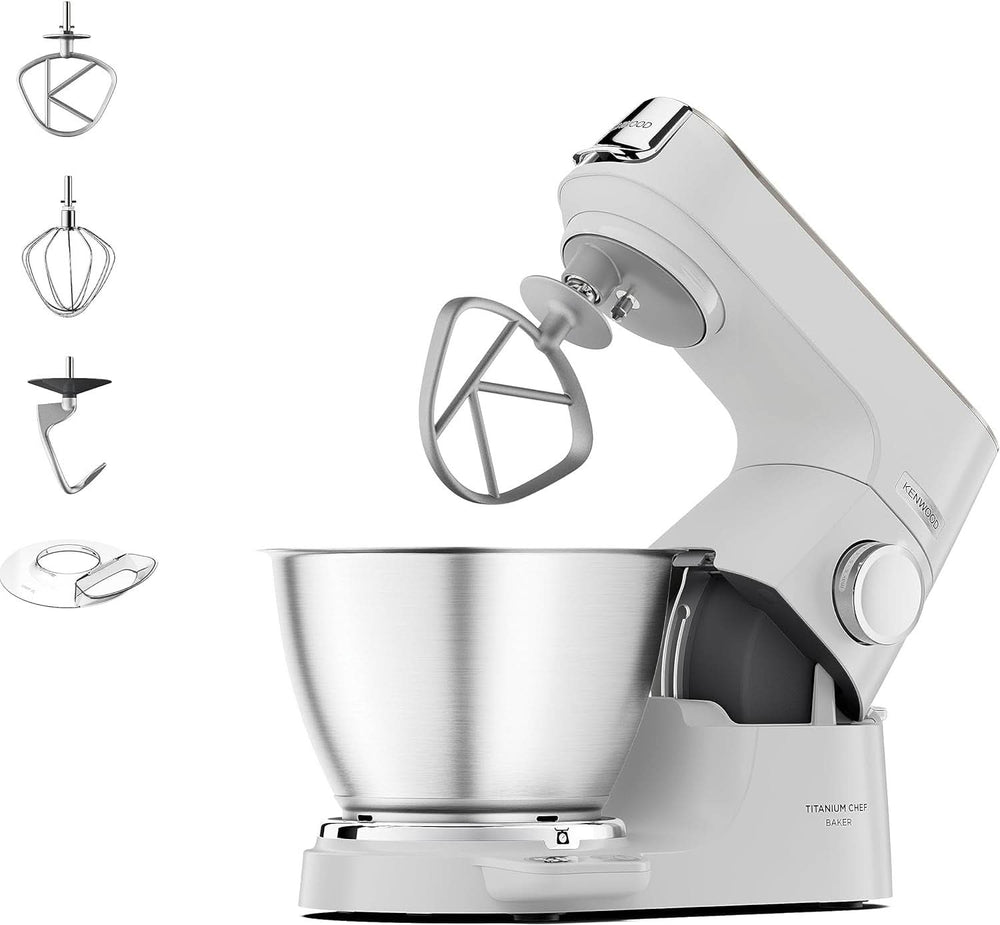 Kenwood Titanium Chef Baker KVC65.001WH, Küchenmaschine Mit Integrierter Waage, 1200 Watt, Inkl. 3-teiliges Patisserie-Set, Spatel & Spritzschutz, Weiß Mutter und Kind Naty Shop Weiß Chef Baker
