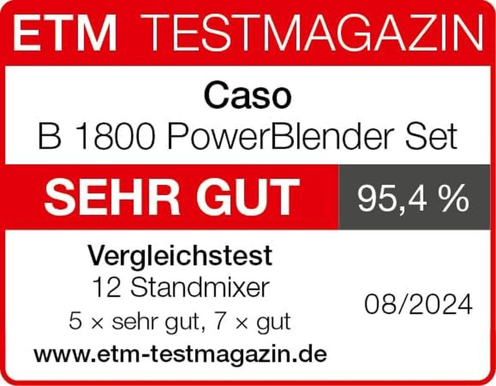 CASO B 1800 Powerblender-Set - Standmixer, 28.000 U/Min, Glasbehälter 1,75 L, Inkl. Trinkflasche Und Zerkleiner, Mixer Testsieger Mit Sehr Gut, Edelstahl Naty Shop