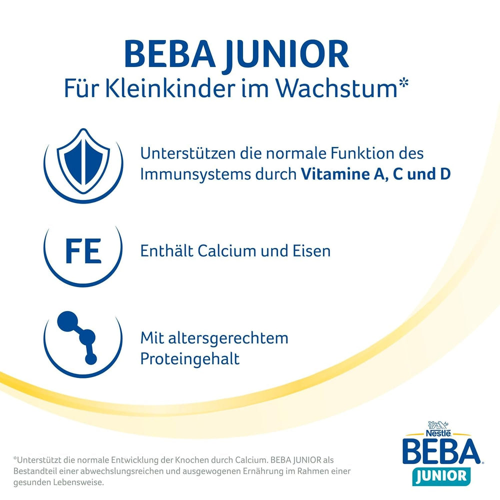 Băutură cu lapte BEBA Junior 2+ de la 2 ani, Cu HMO, Conținut de proteine adaptat vârstei, Numai lactoză, Fără ulei de palmier, Fără ulei de pește, Hrană pentru copii mici, Lapte praf pentru bebeluși, Pachet de 3 (3 x 800g)