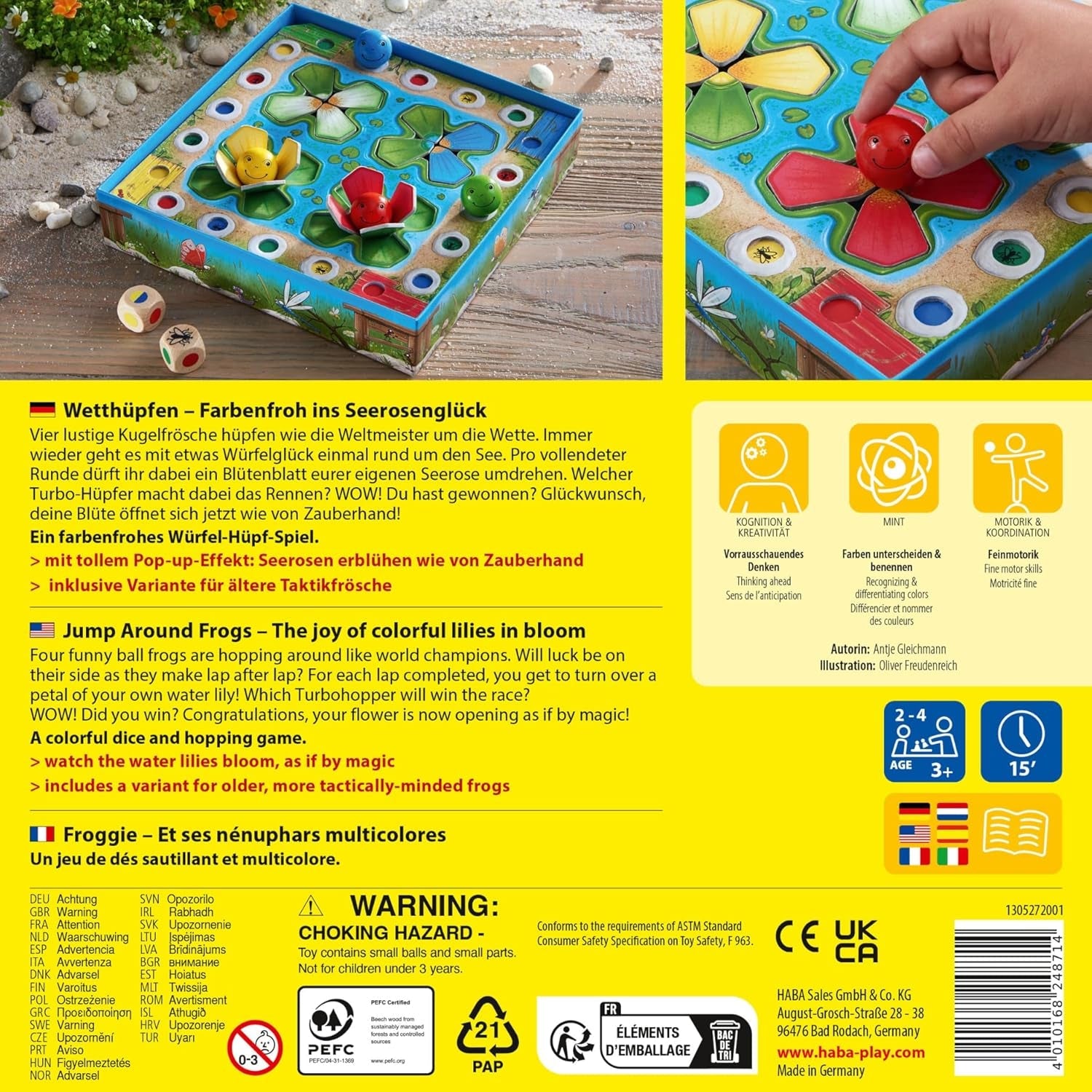 Joc de sărituri HABA – Joc de zaruri pentru copii de la 3 ani în sus, cu nuferi pop-up și variante de joc, promovează numărarea și abilitățile motorii, 2-4 jucători – 1305272001