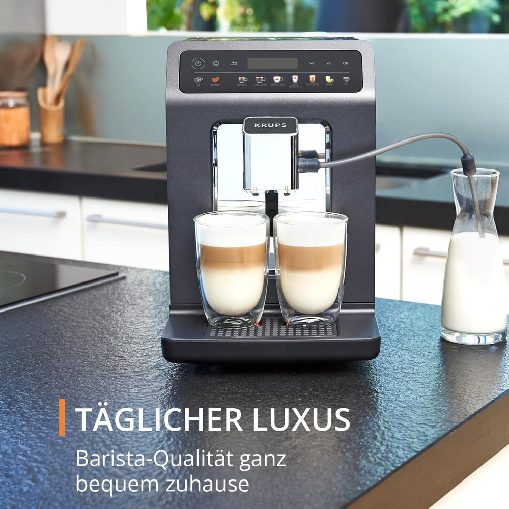 Espressor automat KRUPS Evidence One cu furtun pentru lapte, cappuccino cu o singură atingere, 12 specialități de băuturi, funcție pentru 2 cești, afișaj color, espressor, certificat TÜV, negru, EA895N10