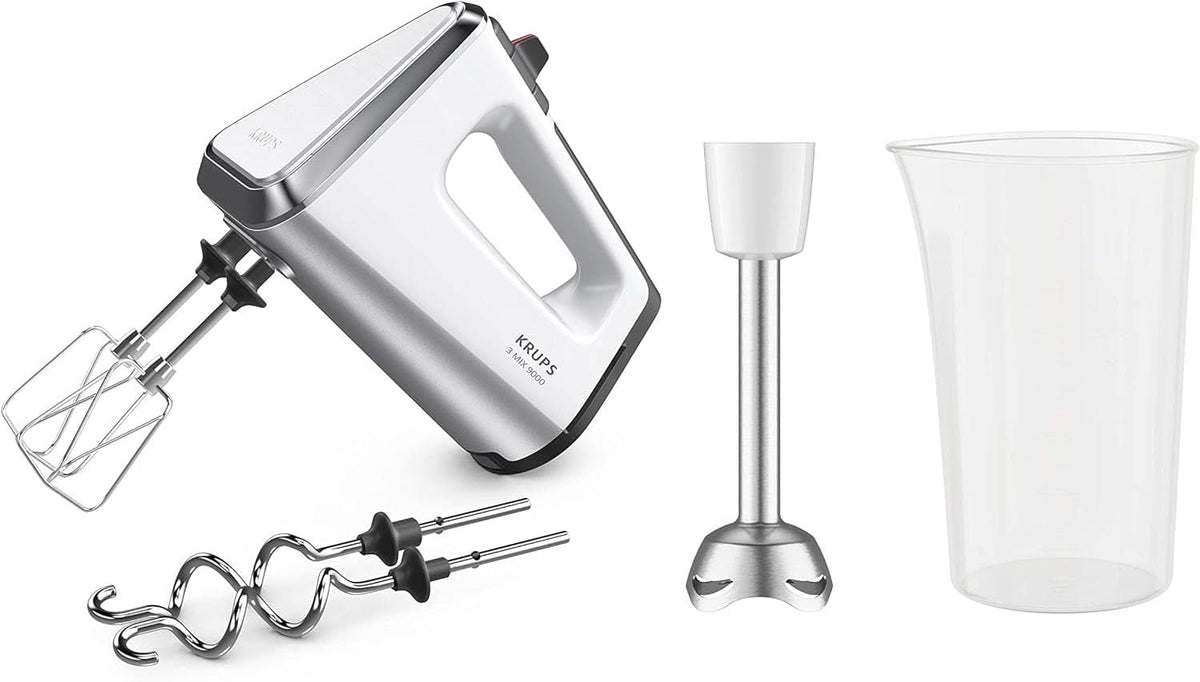 Krups GN9121 3 Mix 9000 Handmixer | 750 Watt | Geschwindigkeitsregler | Turbomodus | Auswurffunktion | Ergonomischer Griff inkl. Schneebesen, Knethaken, Pürierstab-Aufsatz, Messbecher | Weiß/Silber Naty Shop Weiß/Silber Single